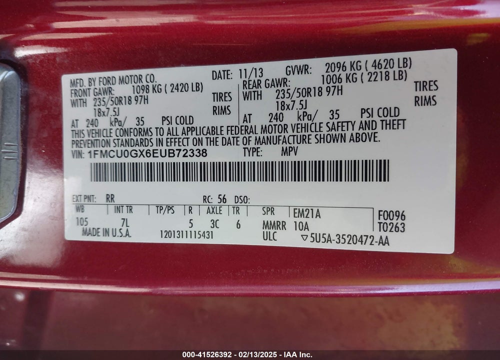 2014 FORD ESCAPE VIN: 1FMCU0GX6EUB72338