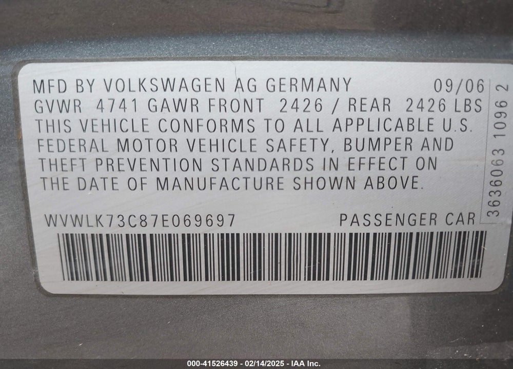 2007 VOLKSWAGEN PASSAT 2.0T VIN: WVWLK73C87E069697