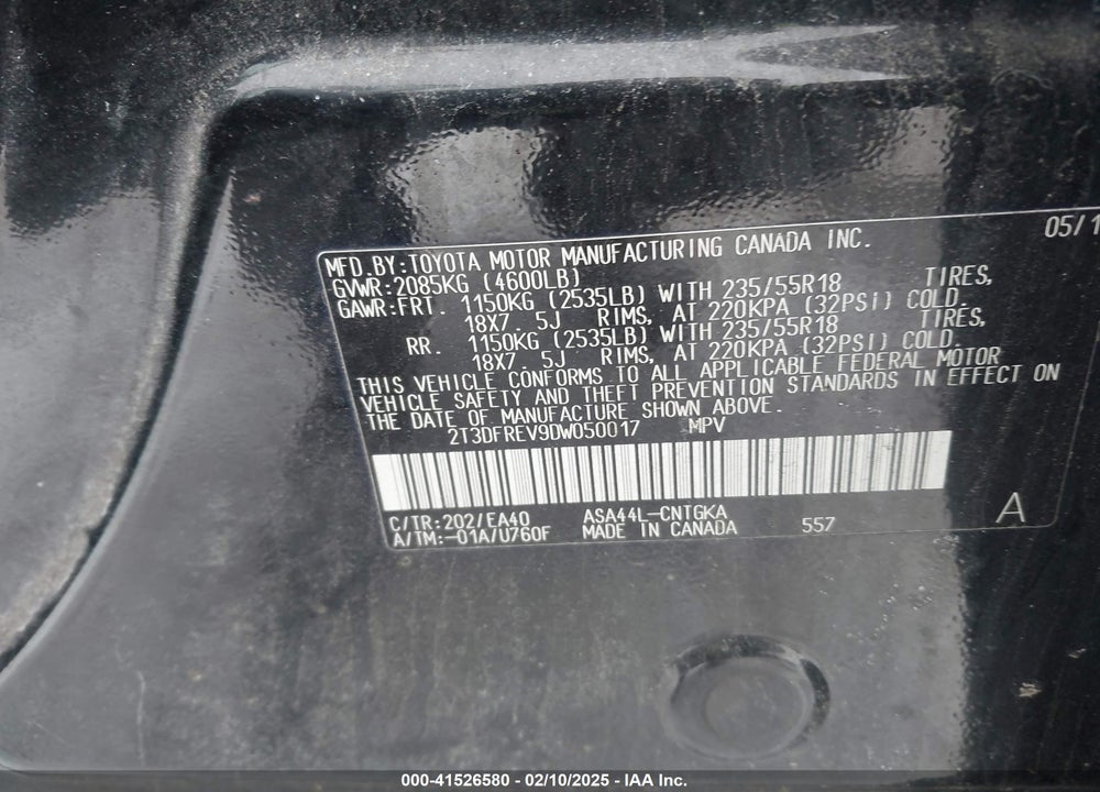 2013 TOYOTA RAV4 LIMITED VIN: 2T3DFREV9DW050017