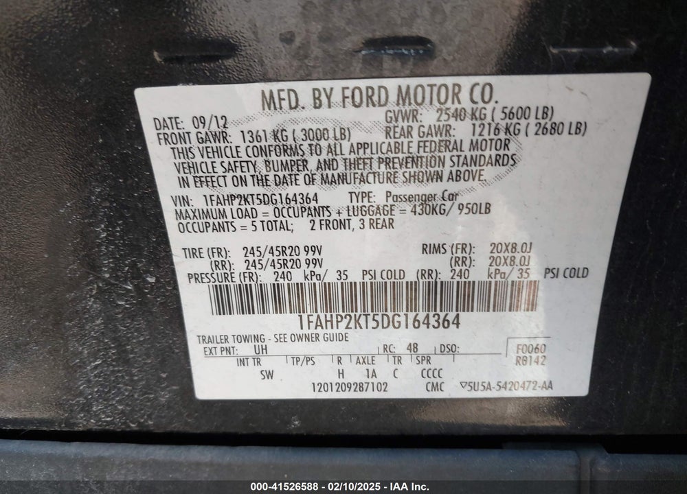 2013 FORD TAURUS VIN: 1FAHP2KT5DG164364