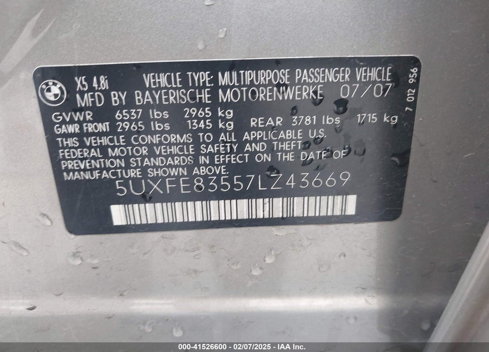 2007 BMW X5 4.8I VIN: 5UXFE83557LZ43669