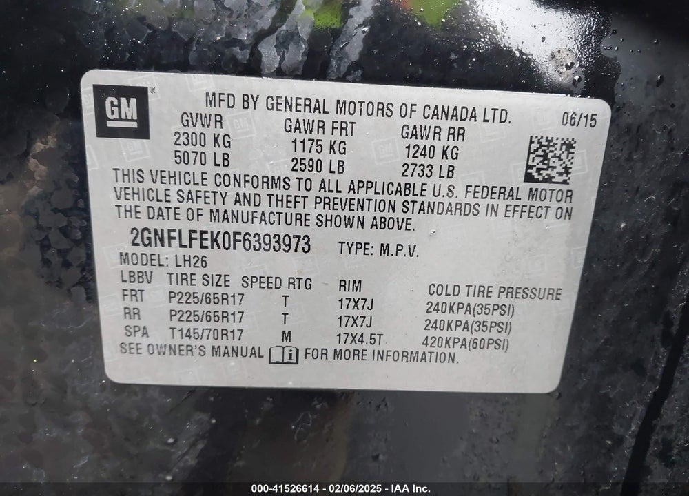 2015 CHEVROLET EQUINOX 1LT VIN: 2GNFLFEK0F6393973
