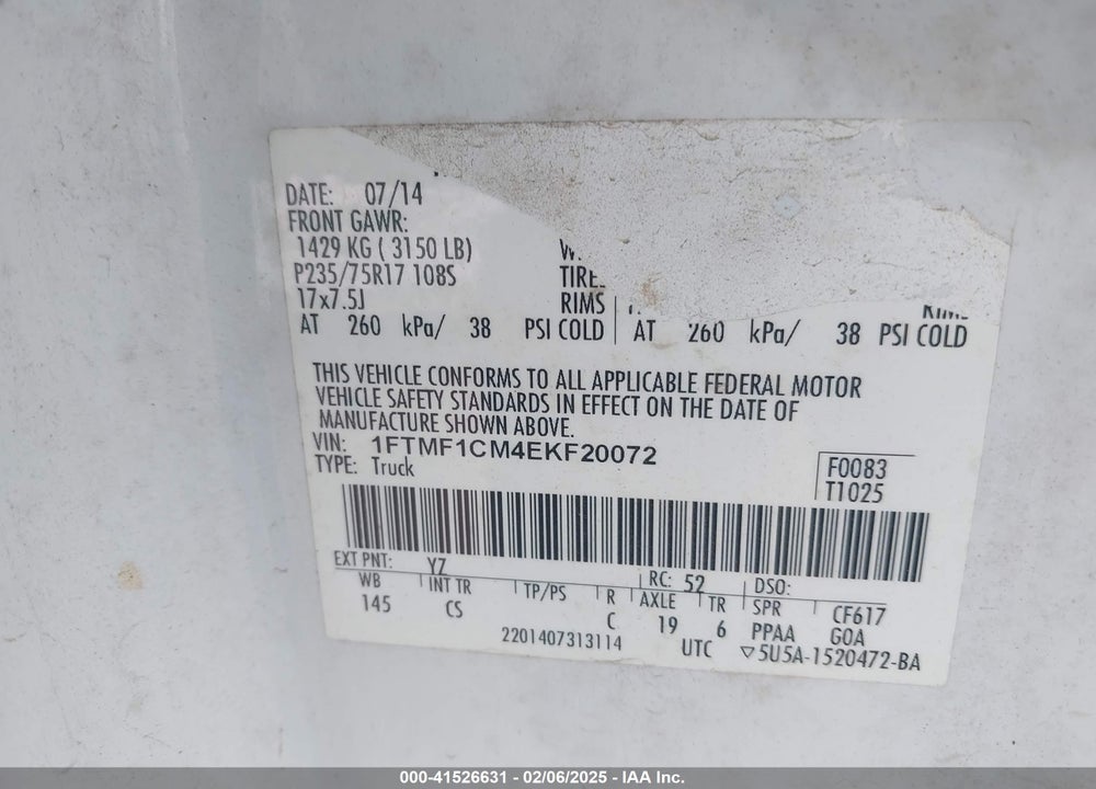 2014 FORD F-150 VIN: 1FTMF1CM4EKF20072