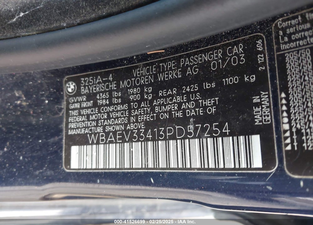 2003 BMW 325I VIN: WBAEV33413PD57254
