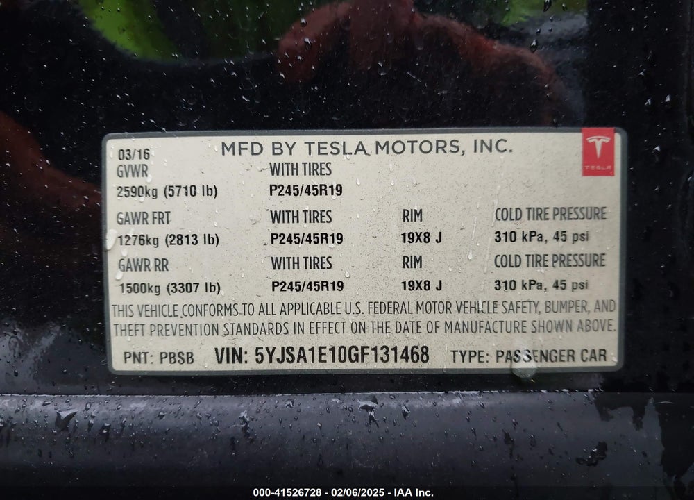 2016 TESLA MODEL S VIN: 5YJSA1E10GF131468