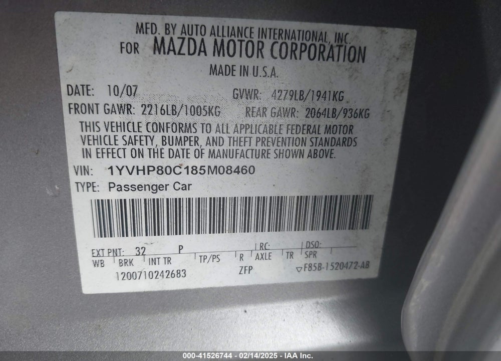 2008 MAZDA MAZDA6 VIN: 1YVHP80C185M08460