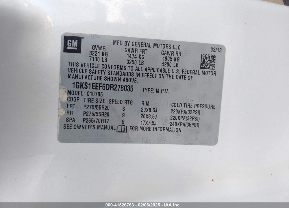 2013 GMC YUKON DENALI VIN: 1GKS1EEF6DR278035