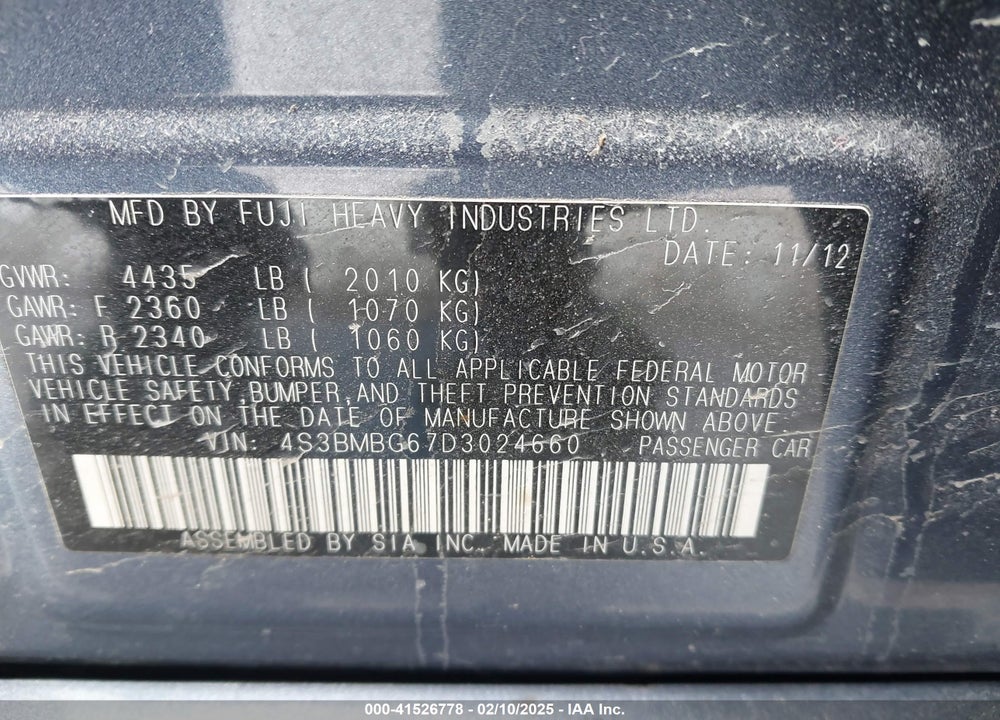 2013 SUBARU LEGACY VIN: 4S3BMBG67D3024660