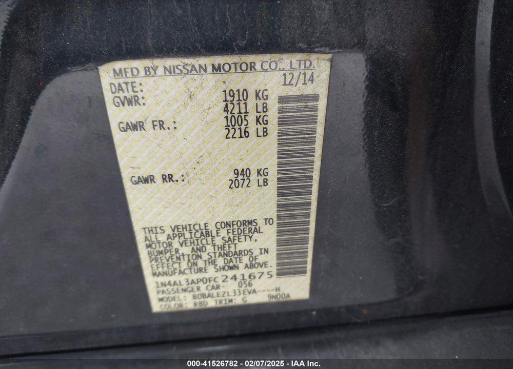 2015 NISSAN ALTIMA VIN: 1N4AL3AP0FC241675