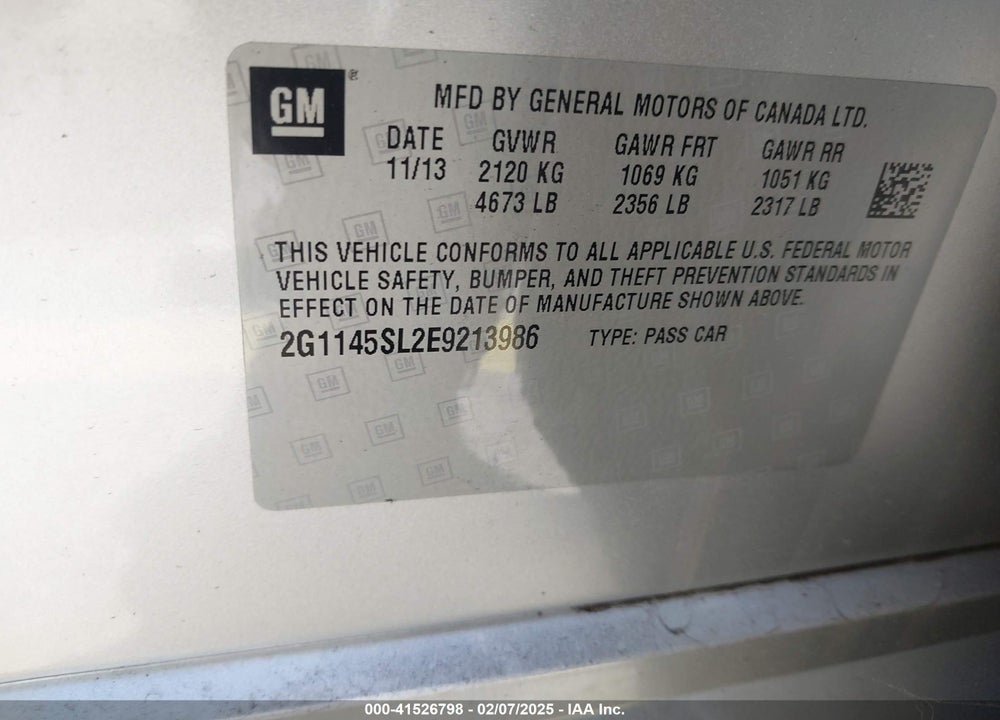2014 CHEVROLET IMPALA VIN: 2G1145SL2E9213986