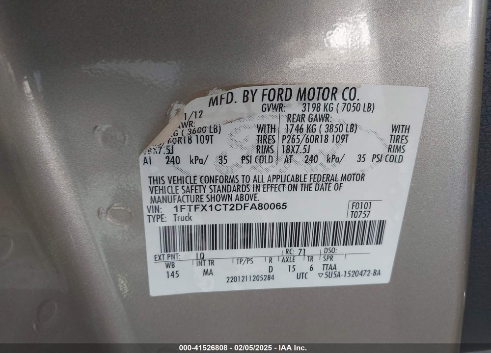 2013 FORD F-150 VIN: 1FTFX1CT2DFA80065