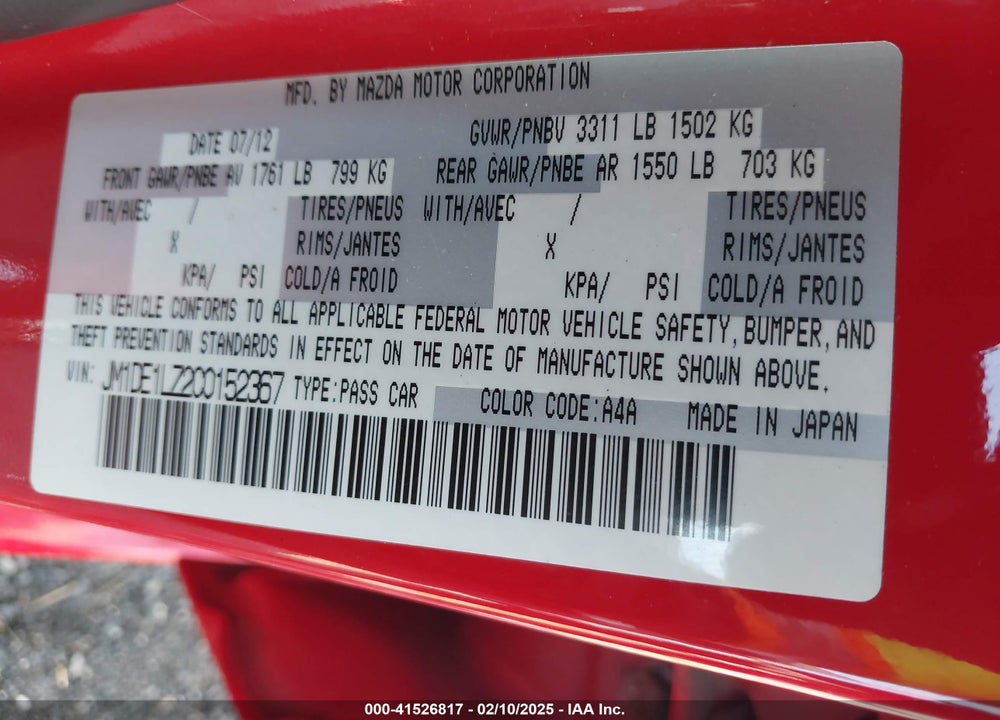 2012 MAZDA MAZDA2 VIN: JM1DE1LZ2C0152367