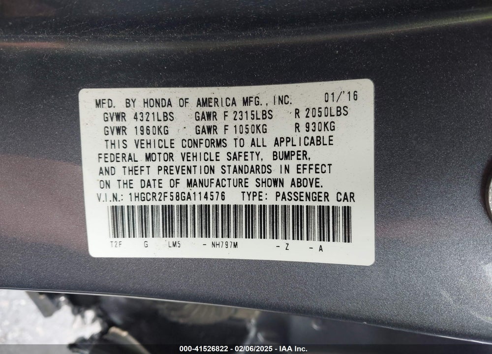 2016 HONDA ACCORD SPORT VIN: 1HGCR2F58GA114576