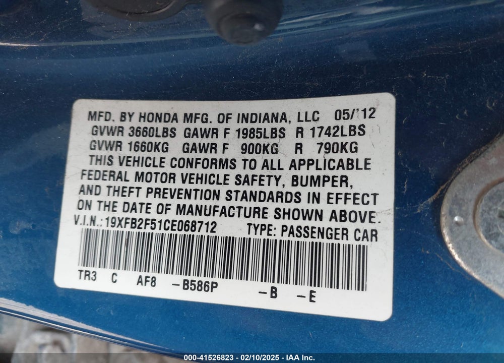 2012 HONDA CIVIC VIN: 19XFB2F51CE068712