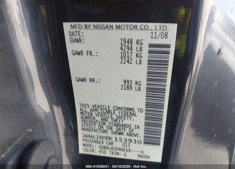 2009 NISSAN ALTIMA VIN: 1N4AL24E99C153930