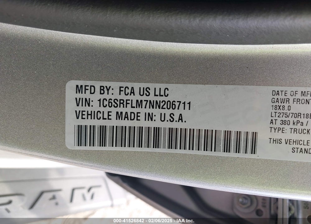 2022 RAM 1500 VIN: 1C6SRFLM7NN206711