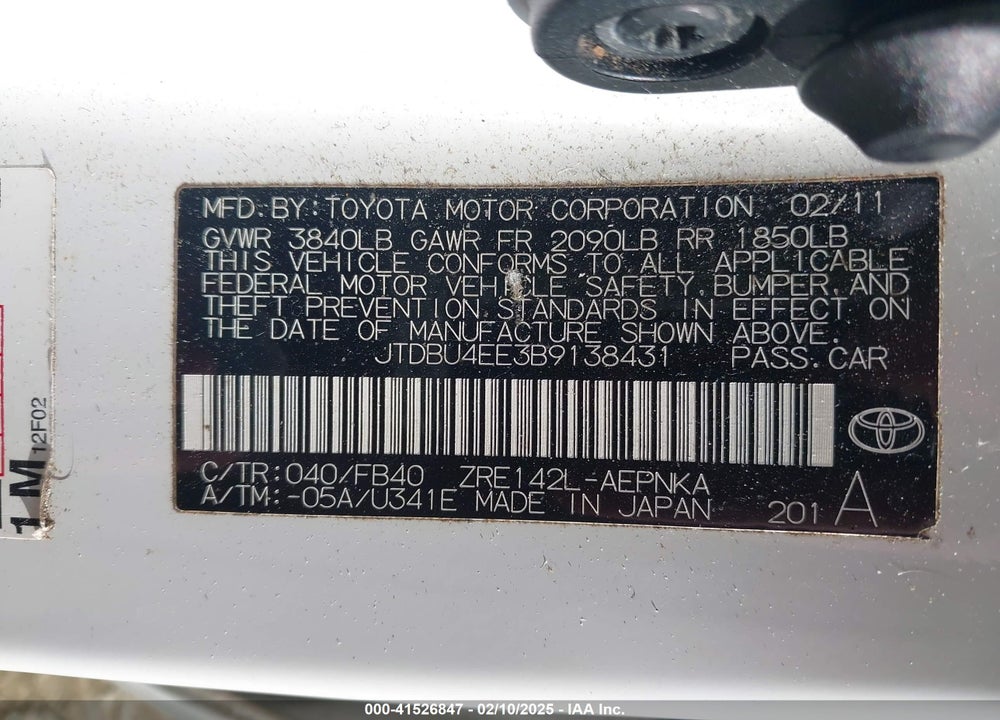 2011 TOYOTA COROLLA VIN: JTDBU4EE3B9138431