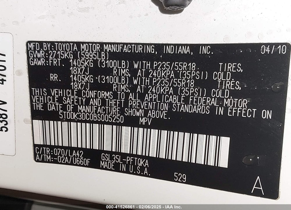 2011 TOYOTA SIENNA XLE LIMITED VIN: 5TDDK3DC0BS005250