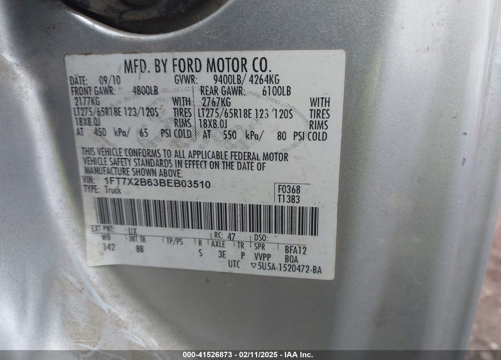 2011 FORD F-250 LARIAT VIN: 1FT7X2B63BEB03510
