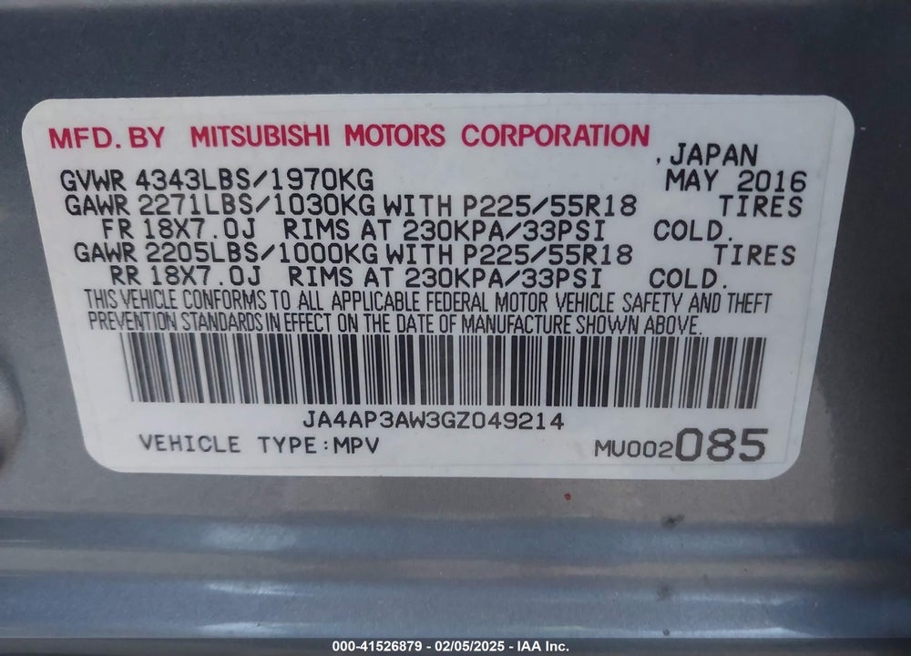 2016 MITSUBISHI OUTLANDER SPORT 2.4 SE VIN: JA4AP3AW3GZ049214