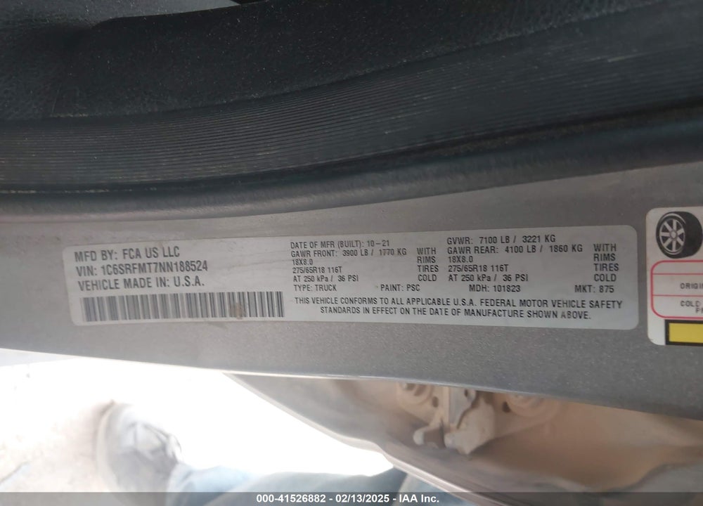 2022 RAM 1500 BIG HORN 4X4 6'4 BOX VIN: 1C6SRFMT7NN188524