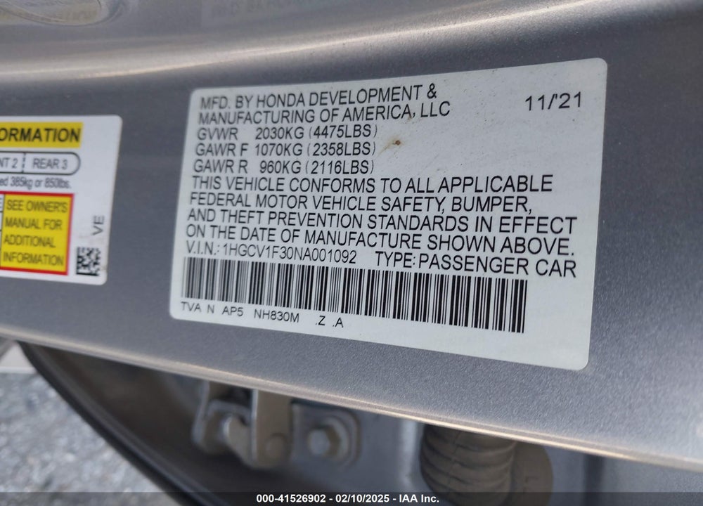 2022 HONDA ACCORD VIN: 1HGCV1F30NA001092