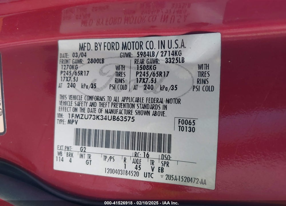 2004 FORD EXPLORER NBX/XLT VIN: 1FMZU73K34UB63575
