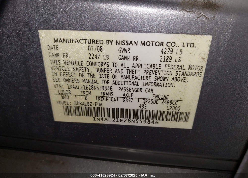 2008 NISSAN ALTIMA 2.5 S VIN: 1N4AL21E28N559846
