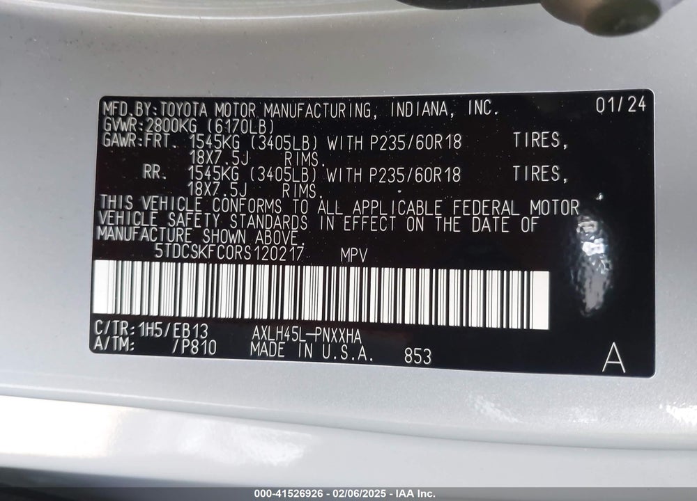2024 TOYOTA SIENNA VIN: 5TDCSKFC0RS120217