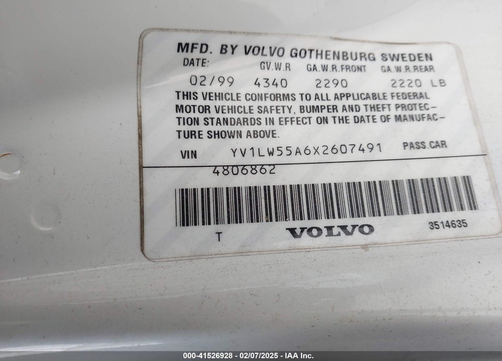 1999 VOLVO V70 VIN: YV1LW55A6X2607491