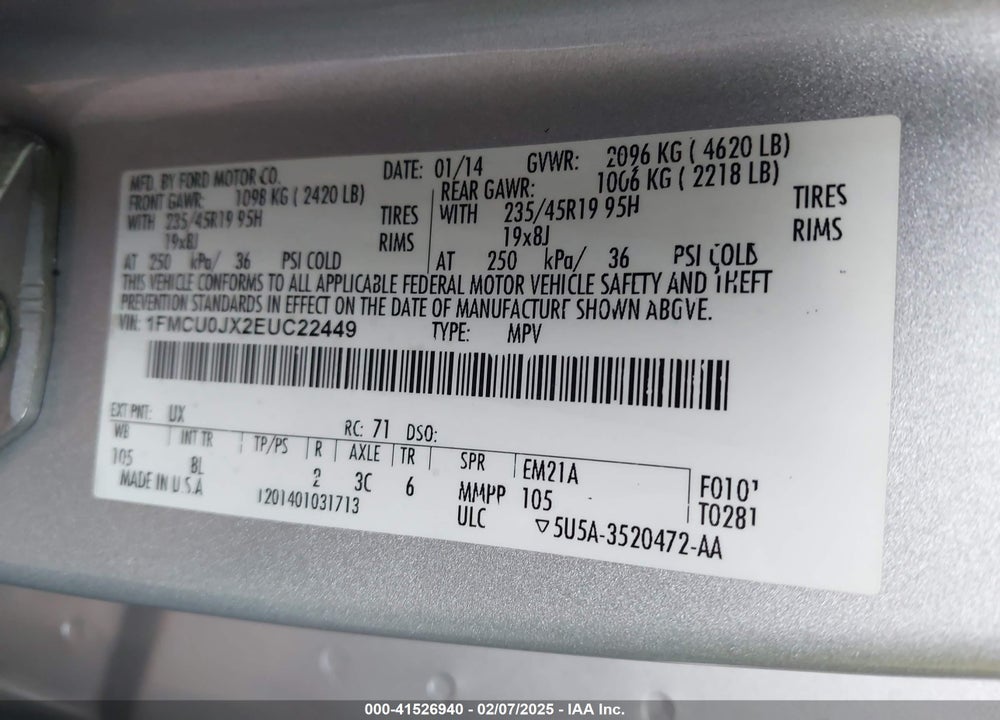2014 FORD ESCAPE TITANIUM VIN: 1FMCU0JX2EUC22449