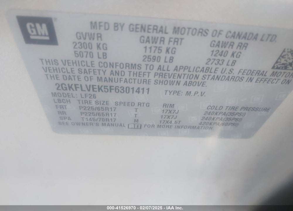 2015 GMC TERRAIN SLE-1 VIN: 2GKFLVEK5F6301411