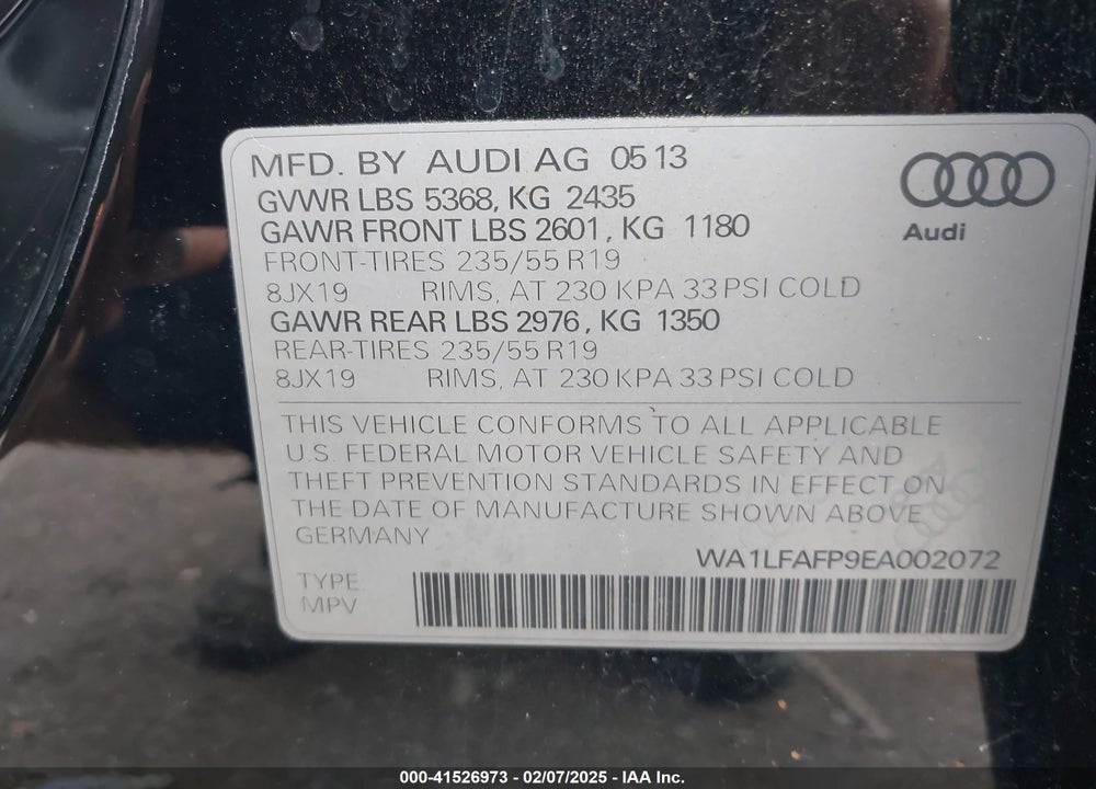 2014 AUDI Q5 2.0T PREMIUM VIN: WA1LFAFP9EA002072
