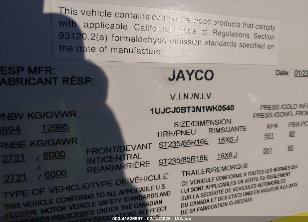 2022 JAYCO OTHER VIN: 1UJCJ0BT3N1WK0540