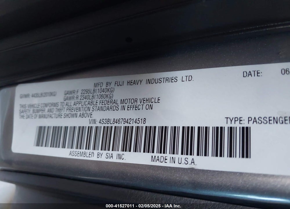 2009 SUBARU LEGACY 3.0R VIN: 4S3BL846794214518