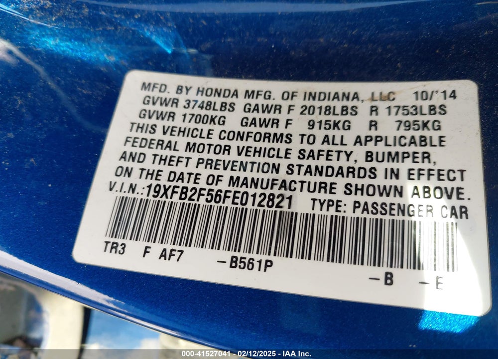 2015 HONDA CIVIC LX VIN: 19XFB2F56FE012821