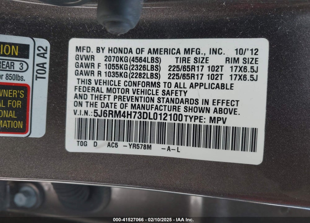 2013 HONDA CR-V EX-L VIN: 5J6RM4H73DL012100