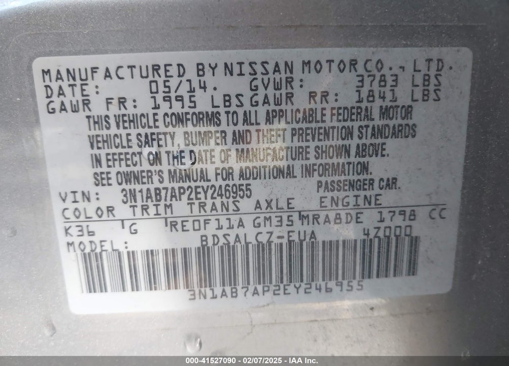 2014 NISSAN SENTRA VIN: 3N1AB7AP2EY246955