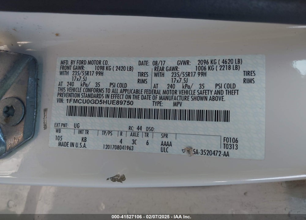 2017 FORD ESCAPE SE VIN: 1FMCU0GD5HUE89750