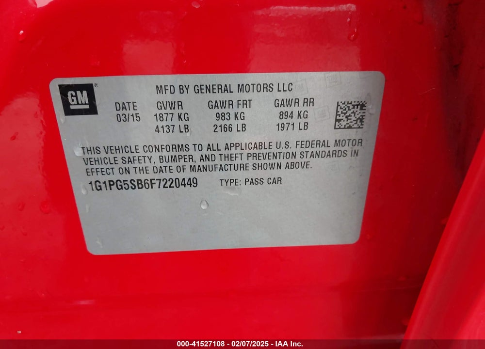 2015 CHEVROLET CRUZE VIN: 1G1PG5SB6F7220449