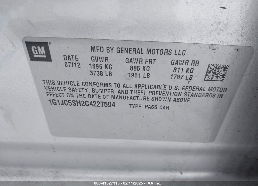 2012 CHEVROLET SONIC 2LT VIN: 1G1JC5SH2C4227594