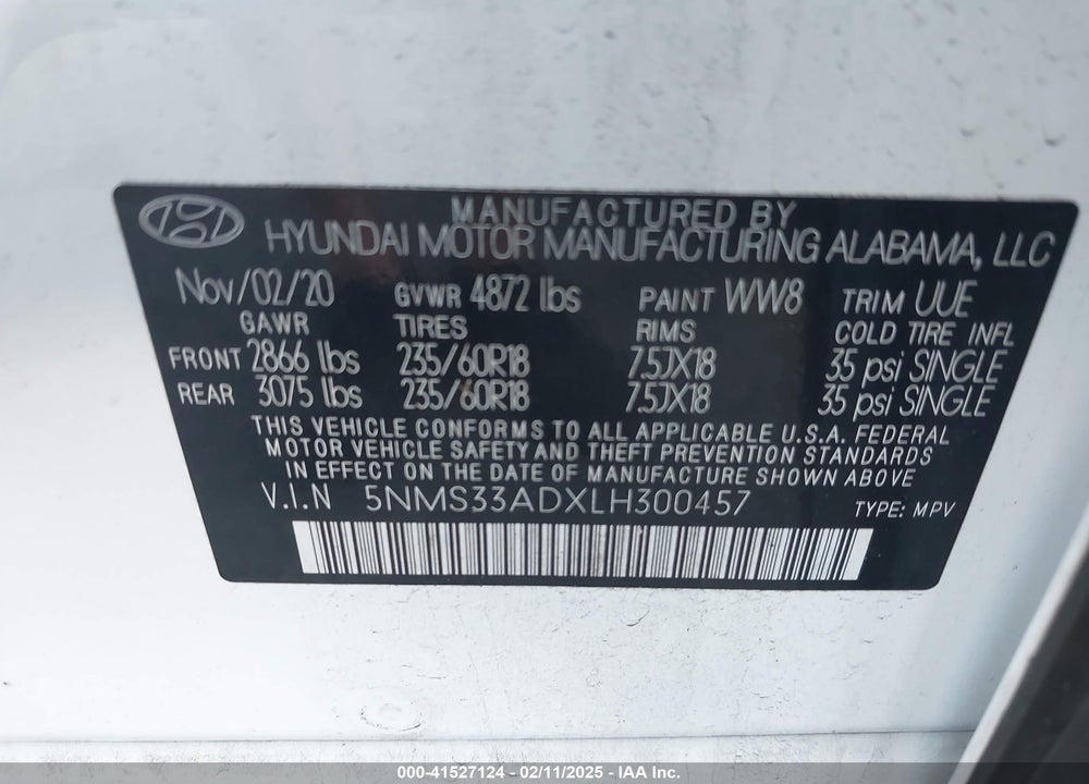 2020 HYUNDAI SANTA FE SEL VIN: 5NMS33ADXLH300457