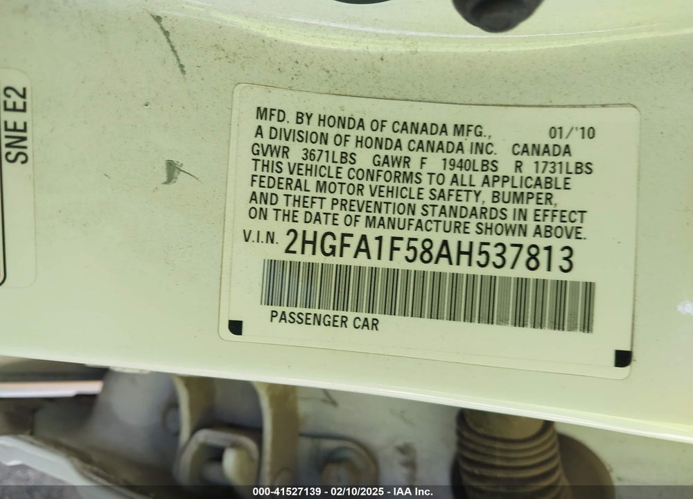 2010 HONDA CIVIC LX VIN: 2HGFA1F58AH537813