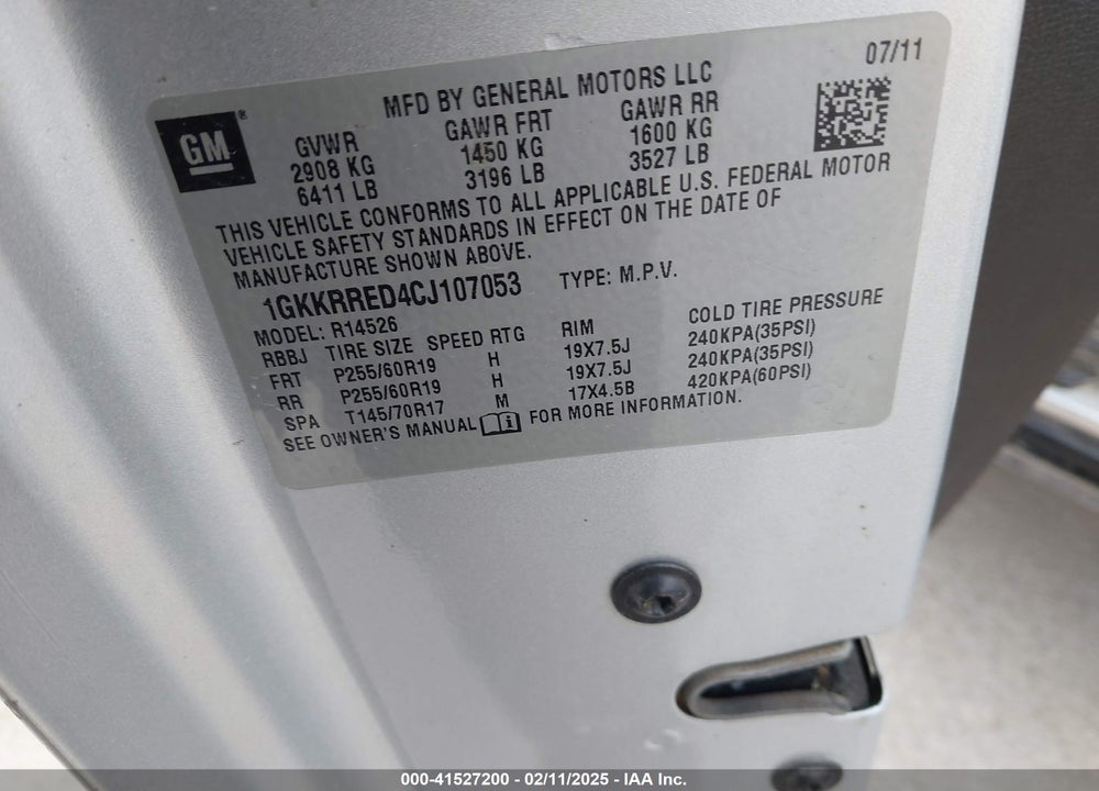 2012 GMC ACADIA VIN: 1GKKRRED4CJ107053