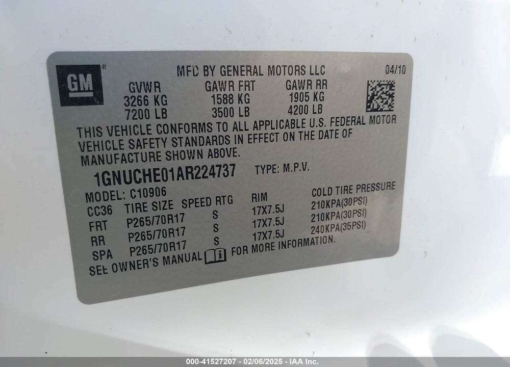 2010 CHEVROLET SUBURBAN 1500 COMMERCIAL FLEET VIN: 1GNUCHE01AR224737