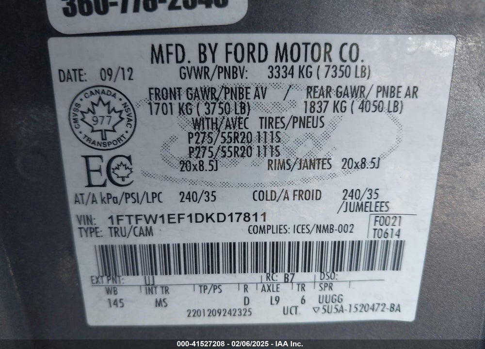 2013 FORD F-150 VIN: 1FTFW1EF1DKD17811