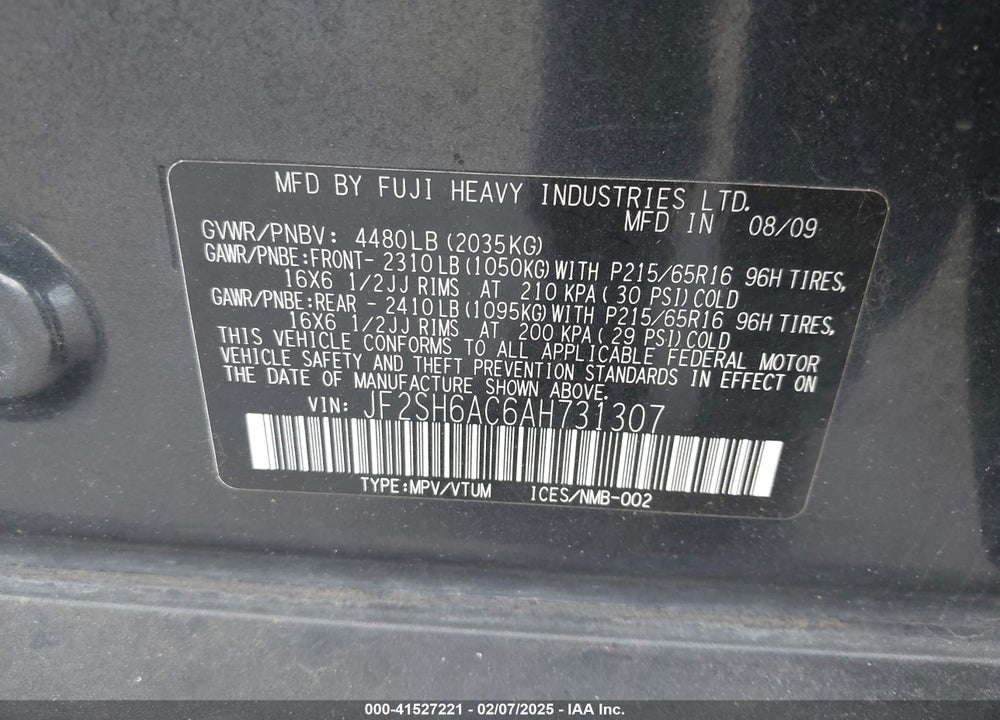 2010 SUBARU FORESTER 2.5X VIN: JF2SH6AC6AH731307