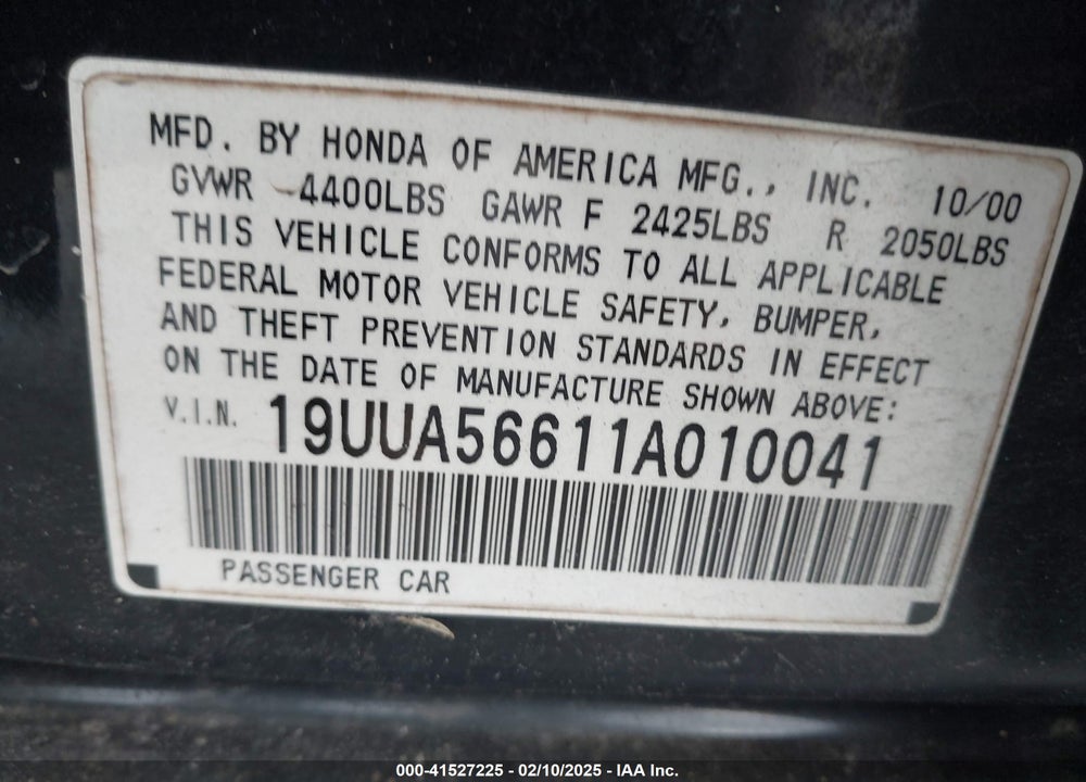 2001 ACURA TL 3.2 VIN: 19UUA56611A010041