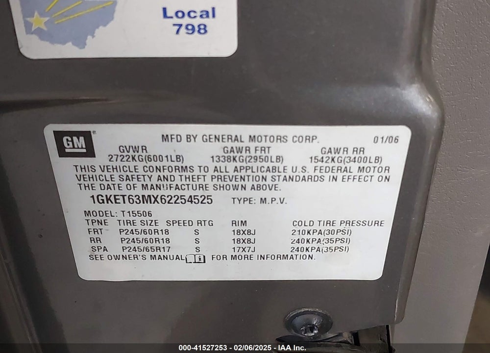 2006 GMC ENVOY DENALI VIN: 1GKET63MX62254525