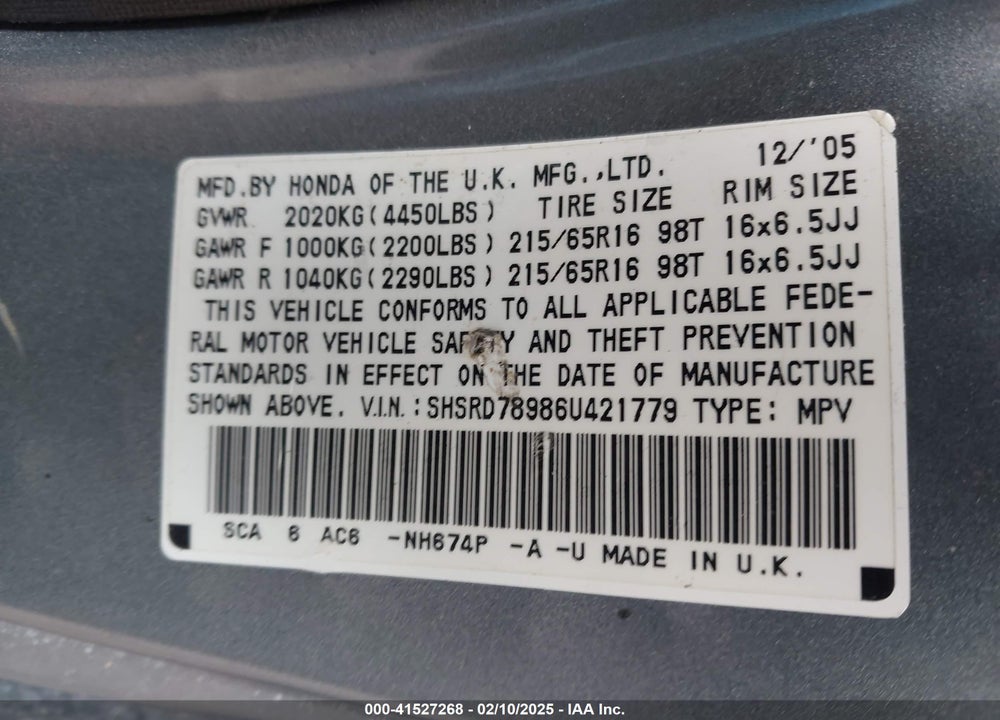 2006 HONDA CR-V SE VIN: SHSRD78986U421779